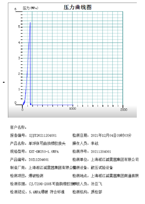 DN250橡胶接头爆破检测报告 DN250橡胶接头爆破检测报告